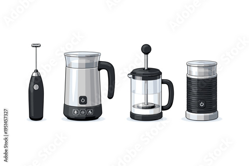 Collection of four different milk frothers and cappuccinators for making coffee drinks