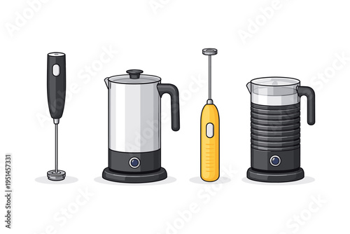 Collection of electric milk frothers and kettles for making coffee drinks