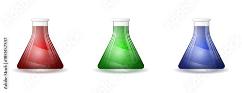 Realistic erlenmeyer triangular laboratory flasks with red green and blue bubbling chemical liquids isolated on a transparent background
