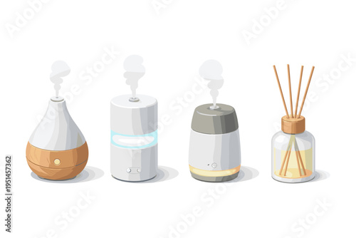 Collection of modern essential oil diffusers and reed diffuser for home aromatherapy