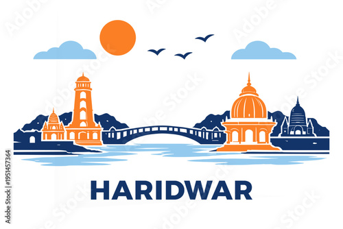 Haridwar Skyline Flat Vector Ganges River India Travel Landmark Temple Illustration
