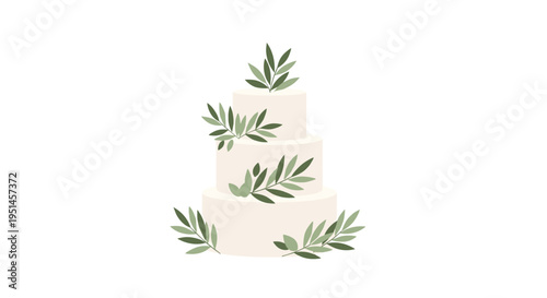 A three-tiered white wedding cake is elegantly decorated with green olive branches on a plain white background.