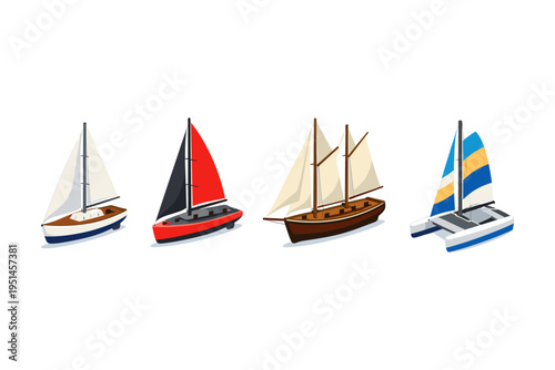 Collection of four distinct sailboats and catamarans in isometric view