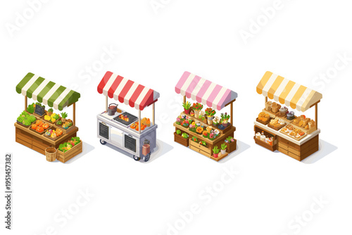 Collection of four isometric market stalls selling produce, food, flowers, and baked goods