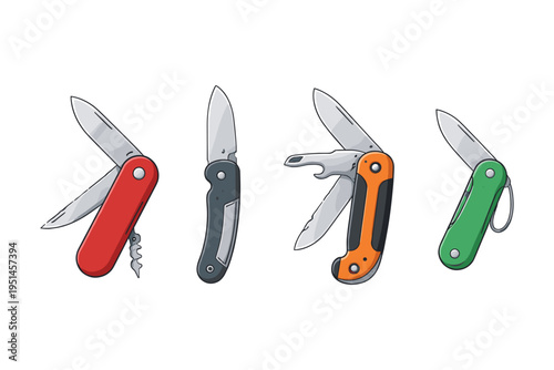 Collection of four colorful multi-tools and pocket knives with blades extended