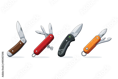Collection of four different pocket knives and multi-tools with various functions