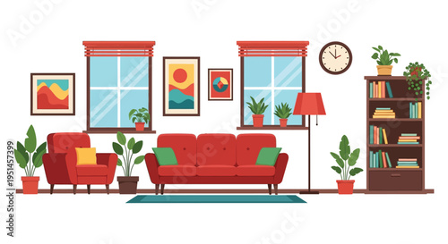 A cozy living room interior with red seating plants artwork and a clock presented as a flat silhouette high quality professional