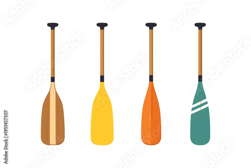 Collection of four colorful stand-up paddleboard paddles arranged in a row