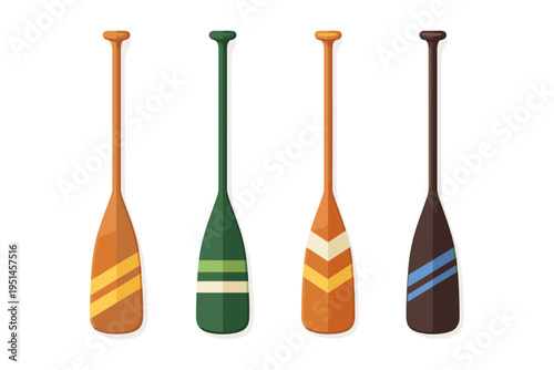 Collection of four colorful canoe paddles with decorative stripes on a white background
