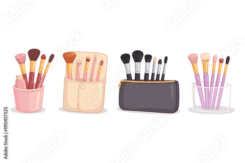 Collection of various makeup brushes organized in holders and cases