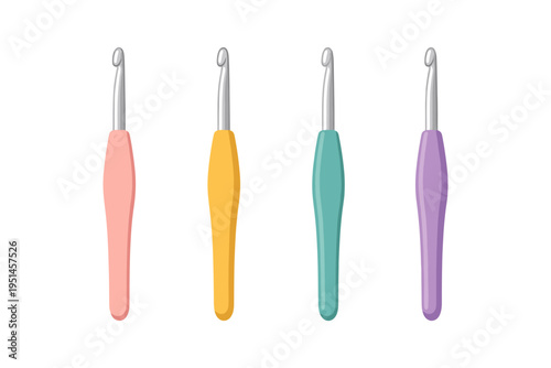 Set of four colorful crochet hooks with metal tips and ergonomic handles