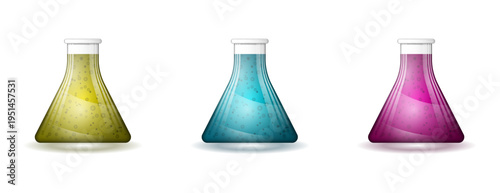 Set of three triangular science flasks with glowing yellow cyan and magenta chemical solutions for laboratory research and magic concepts