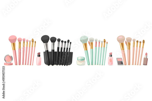 Collection of makeup brushes and cosmetic products arranged in a line
