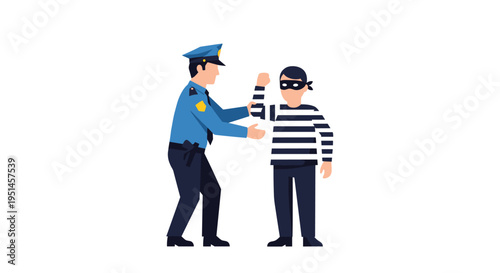 A police officer in a blue uniform is apprehending a masked thief in a striped shirt against a plain white background.