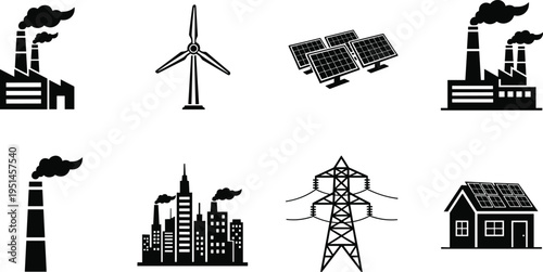 Set of black vector icons representing industrial power plants, smoke stacks, wind turbines, solar panels, electricity transmission towers, and sustainable green energy home systems.