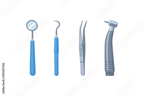 Dental instruments including mirror, explorer, tweezers, and drill on a white background