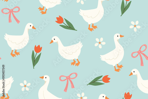 cute seamless pattern with goose, riibbons, tulips and daisies; perfect for kids, nursery items, stationery, easter backgrounds- vector illustration