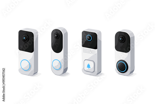 Collection of modern smart video doorbells with cameras and buttons