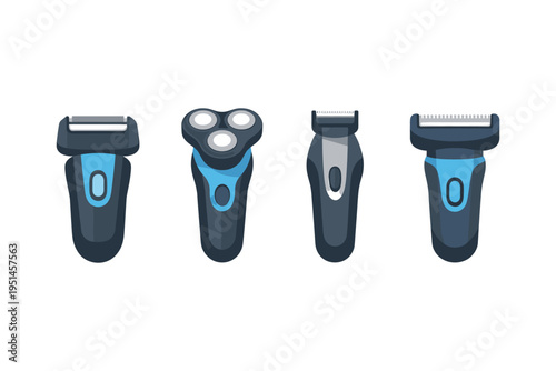 Collection of four modern electric shavers and trimmers with blue accents on white background