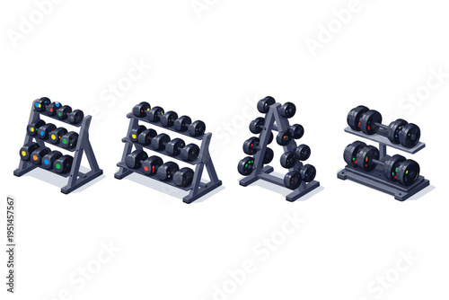 Collection of various dumbbell racks and weights for gym workouts