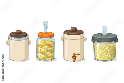 Various fermentation crocks and jars with vegetables for preserving food