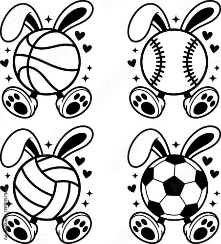 Diverse sports balls with bunny ears and small feet set, basketball, baseball, volleyball, soccer with rabbit ears and hearts, doodle style black and white vector, isolated graphic for merch
