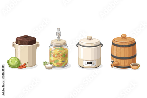 Collection of fermentation vessels and ingredients for making pickles and sauerkraut