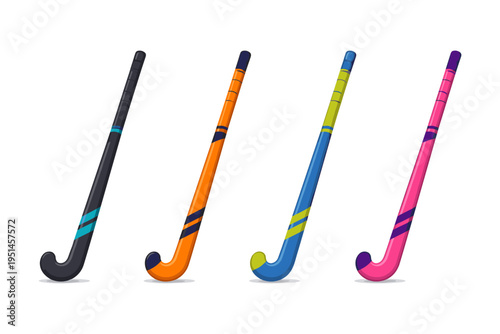 Four colorful hockey sticks arranged in a row on a white background