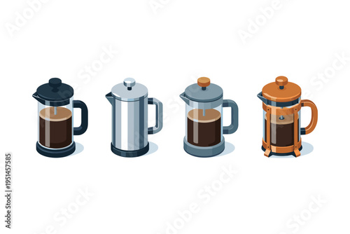 Collection of four isometric French press coffee makers with different designs