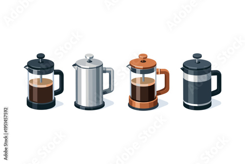 Collection of four isometric French press coffee makers with coffee inside