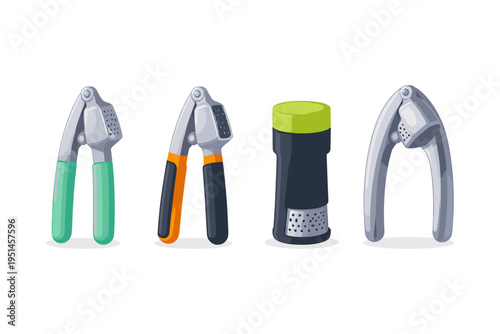 Collection of kitchen tools including garlic presses and a spice grinder