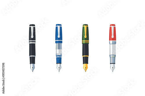 Collection of four distinct fountain pens in various colors and designs