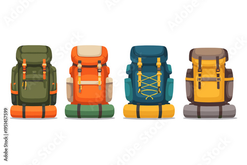 Collection of four colorful hiking backpacks with sleeping bags attached to the bottom