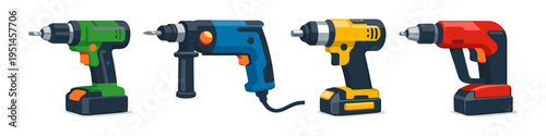Collection of four colorful cordless and corded power drills on a white background