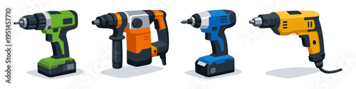 Collection of four different power tools including drills and a rotary hammer