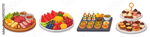Colorful assortment of gourmet appetizers and desserts on elegant platters