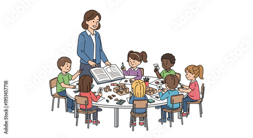 A female teacher instructs seven children seated around a round table filled with learning materials on a white background.