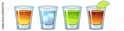 Four colorful shots and drinks with ice and lime slice on white background