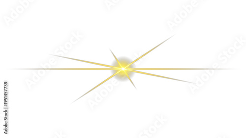Bright yellow anamorphic lens flare with horizontal light rays and central starburst glow effect isolated on transparent  background