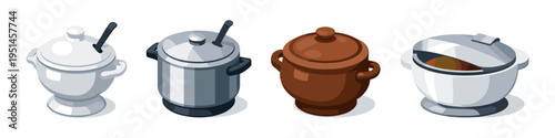 Collection of four different cooking pots and serving dishes in isometric view
