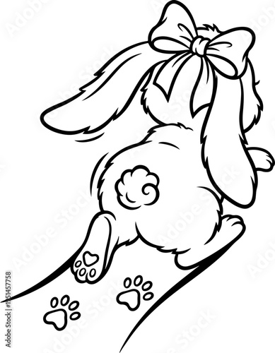 Cute cartoon bunny girl character from behind running away with large bow, fluffy tail and paw prints, doodle style black and white vector illustration, isolated graphic element for kids merch