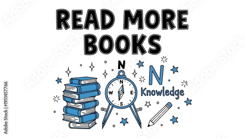Fotografía Inspiring Minds: A visual ode to knowledge and reading, featuring a stack of books, a compass, and a pencil, set against a backdrop of stars, encouraging exploration and learning