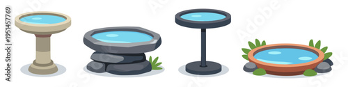 Collection of four diverse bird baths with water and surrounding elements