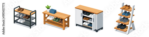 Collection of four different shoe storage furniture designs with shoes