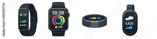 Collection of modern wearable fitness trackers and smartwatches displaying health data