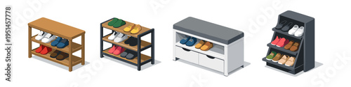 Collection of modern shoe racks and benches with footwear displayed