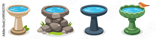 Collection of four diverse bird baths with water and one small bird perched