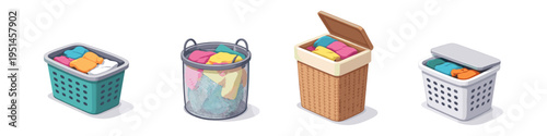 Collection of four laundry baskets filled with colorful clothes for washing