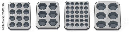 Collection of four different baking pans for muffins and cupcakes
