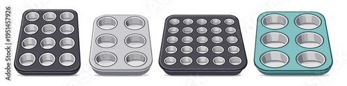 Collection of four different baking trays for cupcakes and muffins